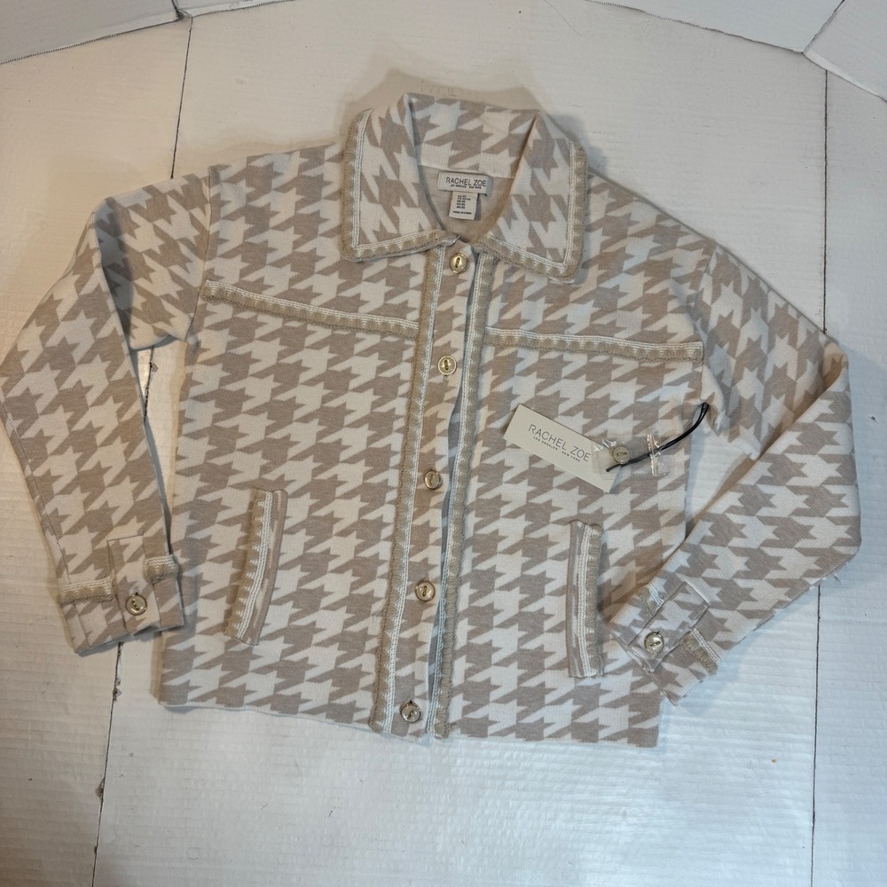 Houndstooth Knit Lady Jacket Rachel Zoe XS Fringed Trim Collared gold Button NEW